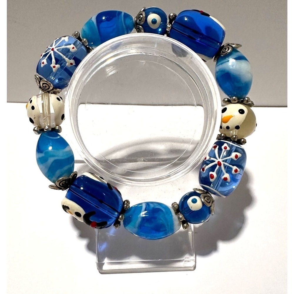 Glass Beads Stretch Bracelet Blue White Snowman Snowflake Christmas Handmade